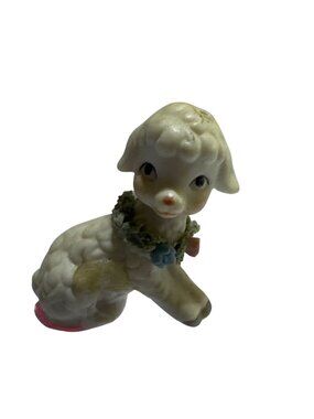 Vintage Porcelain Lamb Figurine Adorned With Floral Garland Collectible Sheep